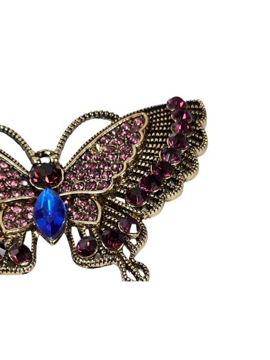 Rhinestone Butterfly Brooch Pin Gold Tone Pink Blue Purple Sparkle VTG - Picture 4 of 7